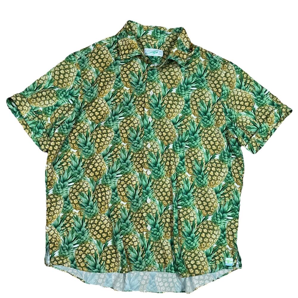 Seaplane Pineapple Flambé Aloha Short Sleeve Hawaiian Shirt 2XL USA Poly Crepe
